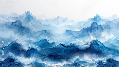 Abstract blue watercolor background with ocean waves and watercolour on a white background, banner, copy space