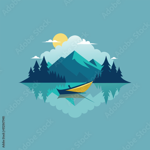 A lone boat calmly floats on top of a smooth body of water, A lone canoe drifting on a glassy lake, minimalist logo