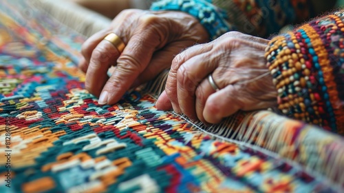 A close-up image of a woman's hands weaving a colorful carpet. The intricate design and vibrant colors of the carpet are a testament to the skill and artistry of the weaver.