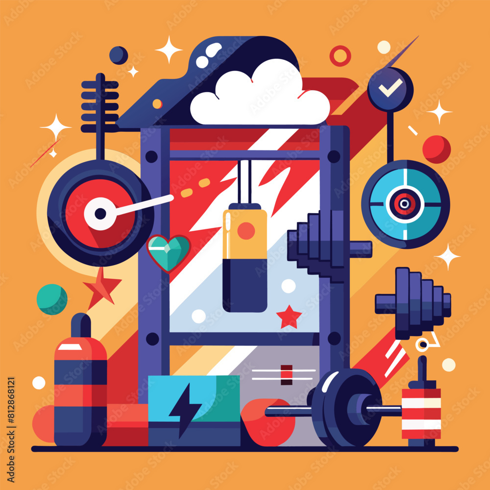Obraz premium Vibrant illustration of a house surrounded by diverse objects, showcasing a burst of colors and shapes, A minimalist artwork inspired by the energy and motivation found in a gym