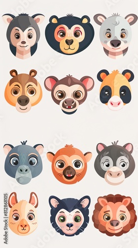 Collection of cute cartoon animal faces for children or babies. White background.