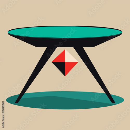 Green table displaying a solitary red triangle geometric shape in a minimalist setting, A minimalist coffee table with a geometric shape and a single bold accent color
