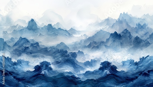 Abstract blue watercolor background with ocean waves on a white background, banner design