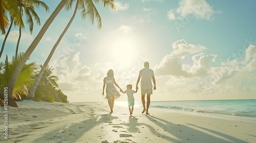 Happy beautiful family with kids walking together on tropical beach during summer vacation : Generative AI