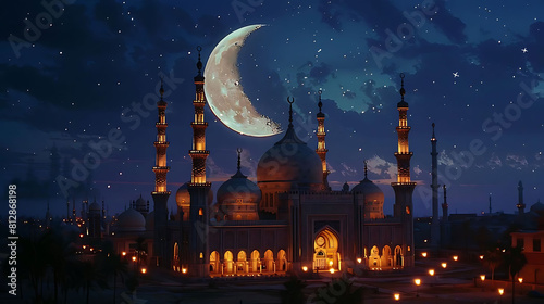 mesmerizing mosque in the night with bright crescent moon, framed by a blue sky and a large building in the background