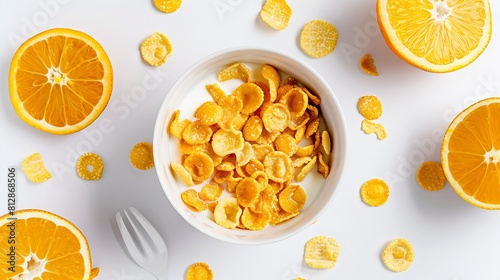Top view of corn flakes bowl sweeties with milk and orange on white background flat lay overhead layout fresh and healthy breakfast design concept : Generative AI photo