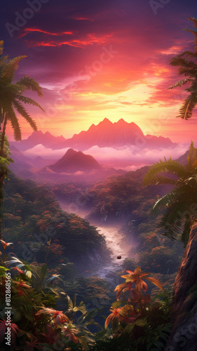 Sunset or sunrise scene with lush tropical palms in jungles forest under orange sky
