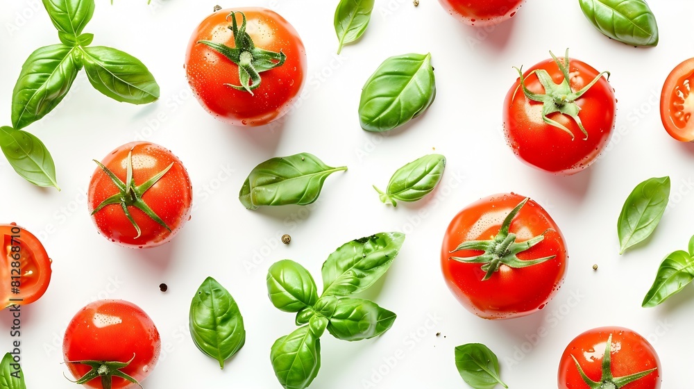 Tomato and basil leaves creative composition isolated on white background Food healthy eating and dieting concept Summer red tomatoes arrangement and layout : Generative AI Tomato and basil leaves creative composition isolated on white background Food healthy eating and dieting concept Summer red tomatoes arrangement and layout : Generative AI