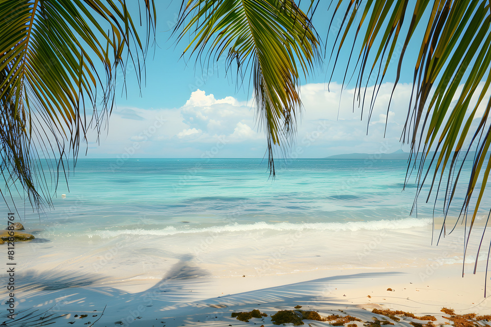 Fototapeta premium Serene Beach Scene: A tranquil beach with crystal-clear waters and palm trees swaying gently in the breeze, against a serene beach blue background