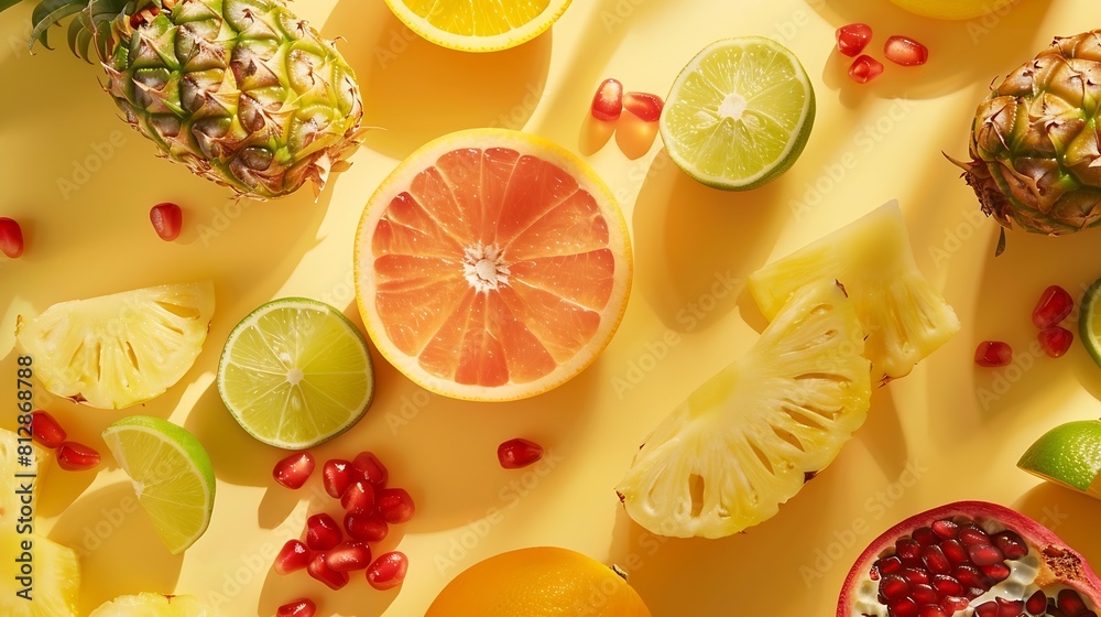 Creative layout made of pineapple kiwi lemon lime orange papaya coconut pomegranate and carambola Flat lay Food concept : Generative AI Creative layout made of pineapple kiwi lemon lime orange papaya coconut pomegranate and carambola Flat lay Food concept : Generative AI