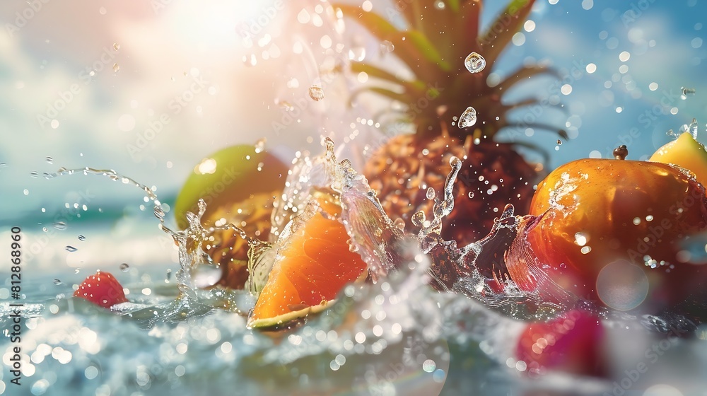 Happy new year 2022 welcome to Happiness beach party and travel summer destination concept splashing wave water and tropical fruit : Generative AI Happy new year 2022 welcome to Happiness beach party and travel summer destination concept splashing wave water and tropical fruit : Generative AI