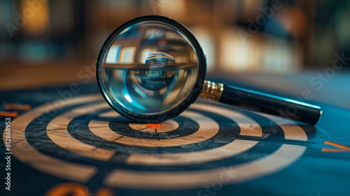 Magnifier glass centers on a target board, symbolizing the drive to achieve business objectives. Against a background and with ample copy space, it represents marketing success and strategic planning