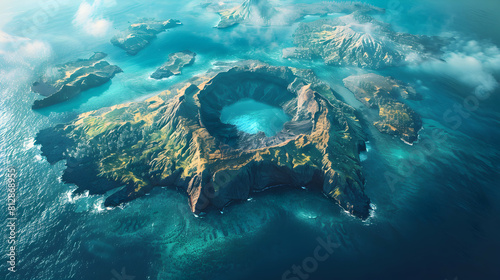 Stunning Aerial View of Volcanic Archipelago with Diverse Formations and Vibrant Life   Photo Realistic Concept on Adobe Stock photo