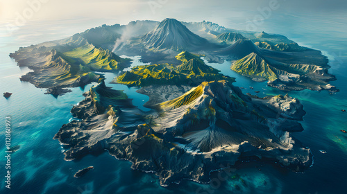 Aerial View: Photorealistic Volcanic Archipelago Depicting Diverse Formations and Vibrant Life on Each Island Stock Photo Concept