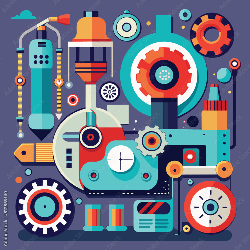 Mechanical components, abstract shapes, and typography arranged on a poster, A minimalist interpretation of mechanical components and manufacturing tools Mechanical components, abstract shapes, and typography arranged on a poster, A minimalist interpretation of mechanical components and manufacturing tools
