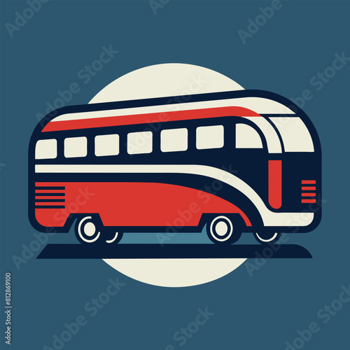 A red and white bus stands out against a vibrant blue background, A minimalist interpretation of a bus or train in logo form