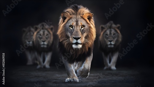 Leadership concept with majestic lion walking in front of his pride