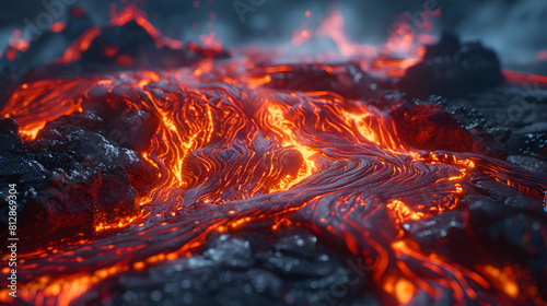Volcanic River of Lava: A photo realistic concept featuring a dynamic flow of molten rock from an active volcano, showcasing the fluid nature of lava in stunning detail. Ideal for 