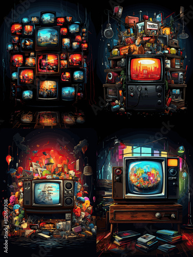 Surreal vintage television artwork featuring stacked retro TVs, colorful screens, nostalgic aesthetics, and chaotic yet artistic arrangements in a dreamlike visual composition.