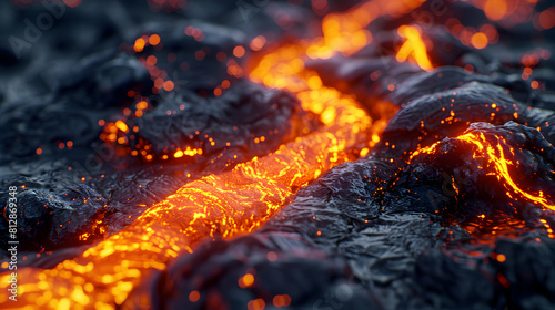 Photo realistic concept of Volcanic River of Lava: A dynamic showcase of molten rock flowing from an active volcano, highlighting the fluidity and power of nature Adobe Stock Pho