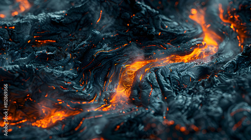 Photo realistic Vulcan River of Lava: A river of molten lava from an active volcano, showcasing the dynamic nature of molten rock in stunning detail