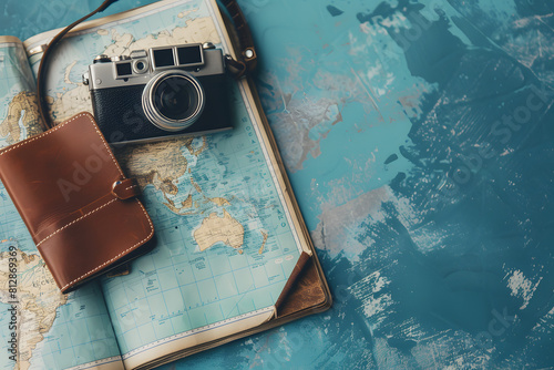 Travel Essentials: A collection of travel essentials including a passport, map, and camera, against an adventure seeker blue background