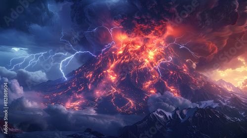 Photo realistic as Volcano with Lightning concept: Dramatic scene of lightning striking near a volcano during an eruption adding intensity to the explosive event