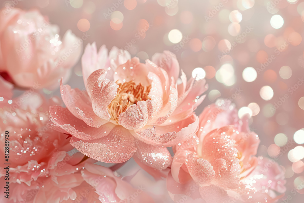 close up of glitter covered rose gold peonies with soft bokeh lights close up of glitter covered rose gold peonies with soft bokeh lights