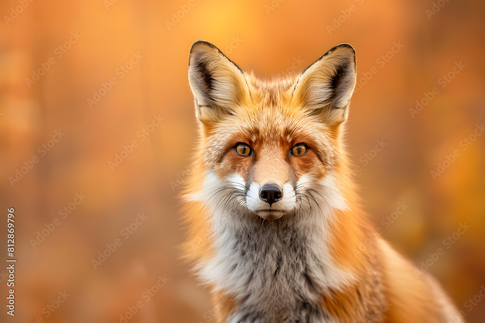 Wild Fox - A wild fox captured in a natural pose, looking directly at the camera, against an autumn forest orange background Wild Fox - A wild fox captured in a natural pose, looking directly at the camera, against an autumn forest orange background