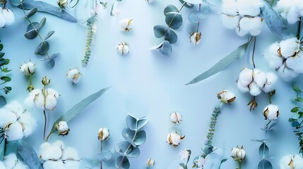 Flowers composition Fresh eucalyptus branches and cotton flowers Flat lay top view : Generative AI