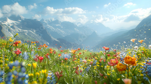 Wildflower Explosion in the Alps: A breathtaking view of Alpine meadows bursting with colorful wildflowers against a clear blue sky photo