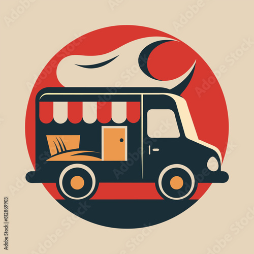 A food truck with a red circle around it, highlighting the mobile eaterys presence and location, A minimalist logo featuring a stylized factory silhouette