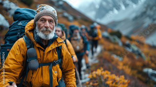 Hiker with beard in yellow jacket and backpack. Generative AI