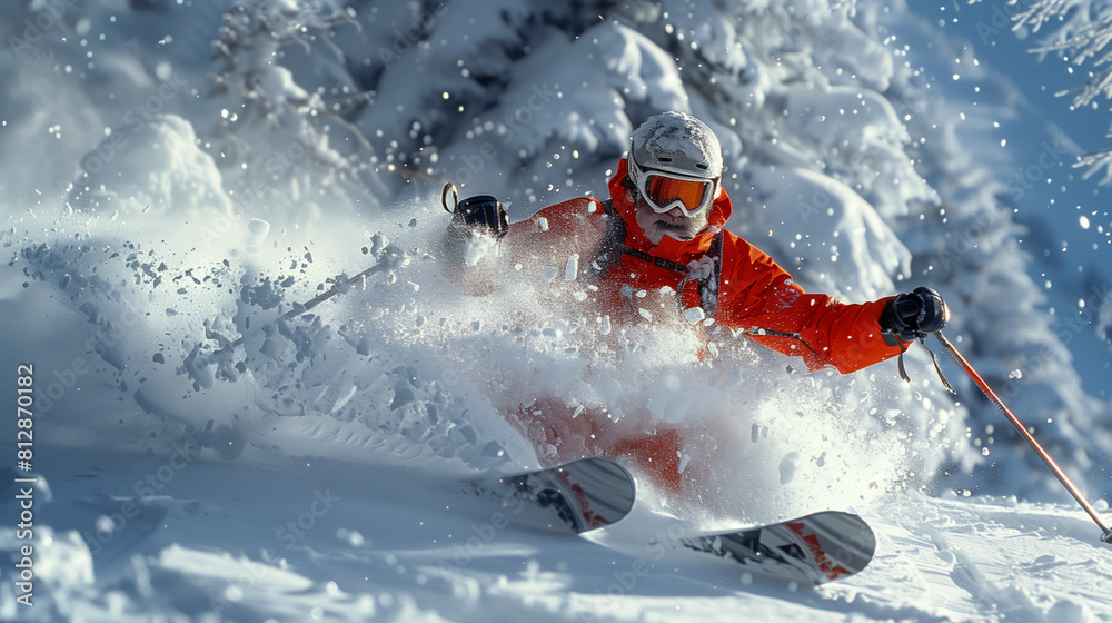 Naklejka premium Man skiing down snow covered slope. Generative AI