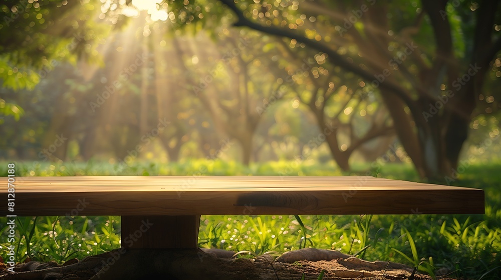 Tree Table wood Podium in farm display for food perfume and other products on nature background Table in a farm with grass trees and Sunlight in the morning : Generative AI