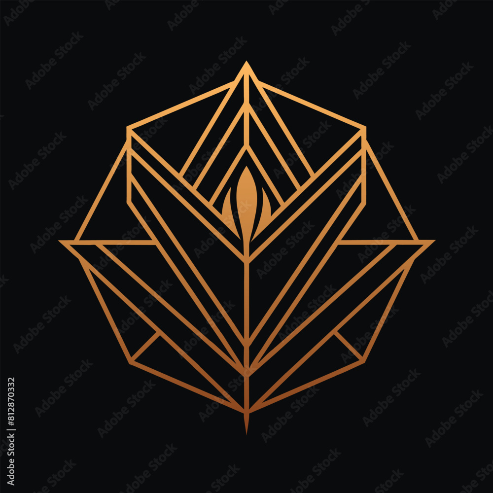 Intricate golden geometric design against a black backdrop, A minimalist logo for a luxury makeup brand featuring a sleek geometric design Intricate golden geometric design against a black backdrop, A minimalist logo for a luxury makeup brand featuring a sleek geometric design