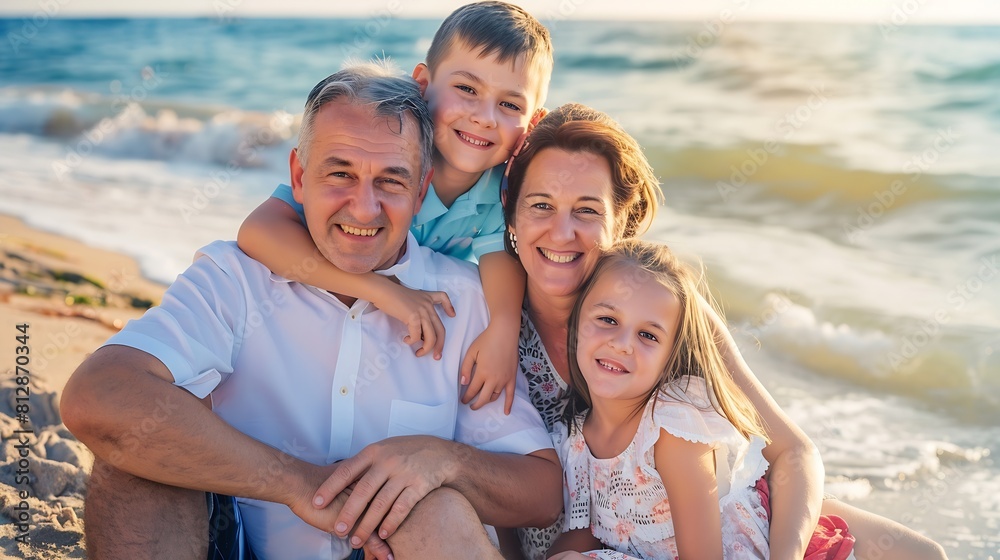 Family portrait and happy smile on the beach with children and parents on sand in the sun Summer fun of kids mother and man by the ocean water and waves with happiness and quality time : Generative AI Family portrait and happy smile on the beach with children and parents on sand in the sun Summer fun of kids mother and man by the ocean water and waves with happiness and quality time : Generative AI