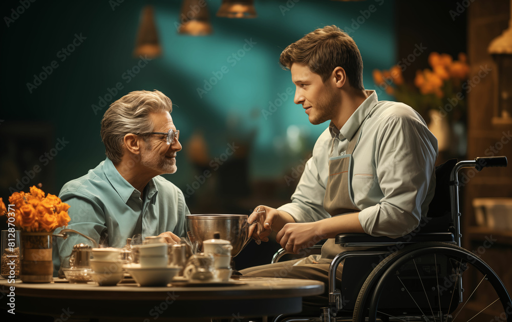 Man in wheelchair talking to support worker. Generative AI Man in wheelchair talking to support worker. Generative AI
