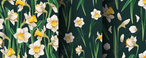 Set of seamless patterns with spring flowers. Texture with daffodils and petals. Vector graphics. Easter background. Great for wallpaper, fabric, cards.