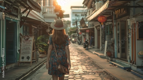 Boho girl walking on the city street Travelling in Phuket Old Town in Thailand : Generative AI photo