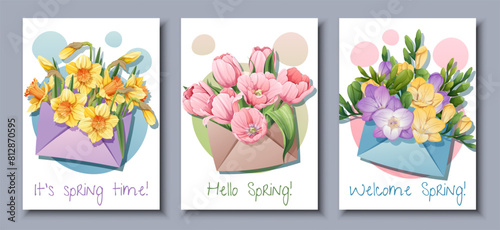 Set of greeting card templates with spring flowers. Poster, banner with freesia, daffodils, tulips