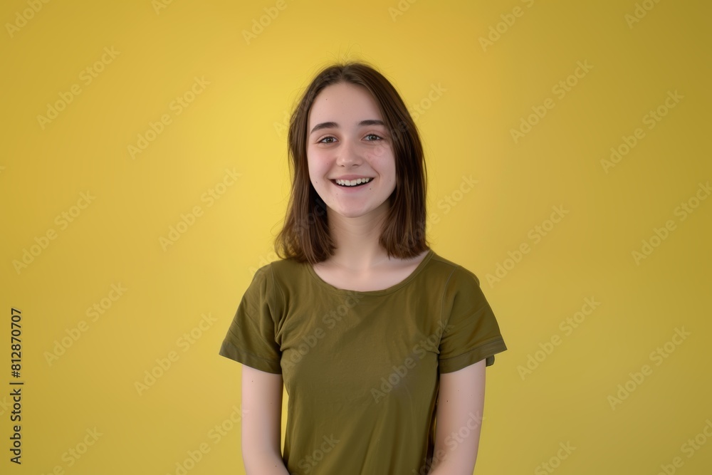 Smiling Young Girl on Yellow Background. Generative AI. Smiling Young Girl on Yellow Background. Generative AI.