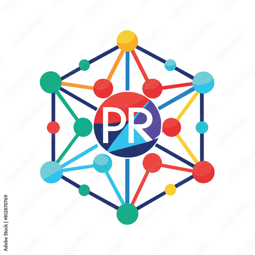PR logo surrounded by colorful circles and dots representing connection and creativity, Explore the concept of connectivity in a minimalist logo inspired by wifi signals