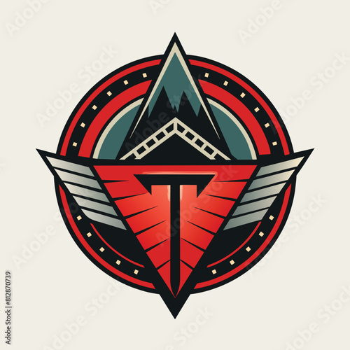 Red and black logo with a mountain backdrop, A minimalist logo inspired by a classic movie genre, minimalist logo