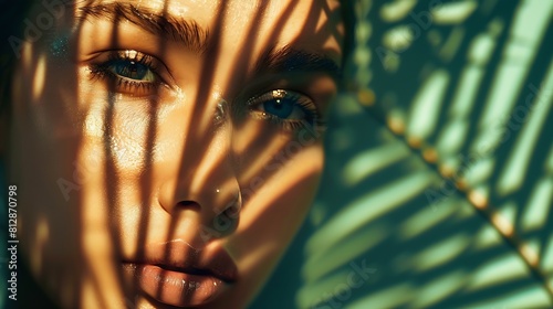 Portrait of beautiful woman with shadows of palm leaf on her face Concept of sunbathing vacation : Generative AI