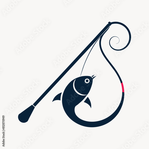 A fishing rod with a fish hooked on the line, showcasing a successful catch, A minimalist logo of a fishing rod and reel, minimalist logo photo