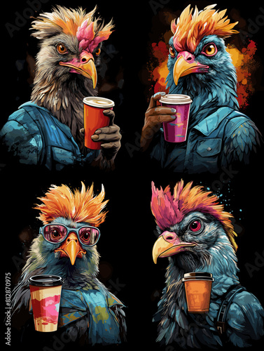 Quirky anthropomorphic rooster artwork featuring stylish chickens holding coffee cups, dressed in trendy outfits with vibrant colors and expressive personalities.