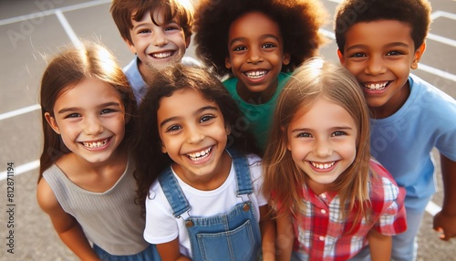 Group of smiling kids looking at camera while standing on the playground in school