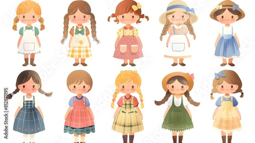 Diverse Cartoon Girls in Colorful Vintage Inspired Outfits and Hairstyles