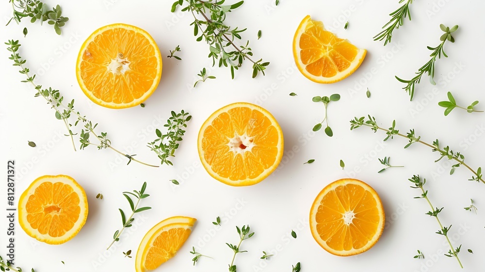 Orange citrus fruit and thyme creative layout isolated on white background Healthy eating and food concept Fruits and herbs composition Flat lay top view : Generative AI Orange citrus fruit and thyme creative layout isolated on white background Healthy eating and food concept Fruits and herbs composition Flat lay top view : Generative AI